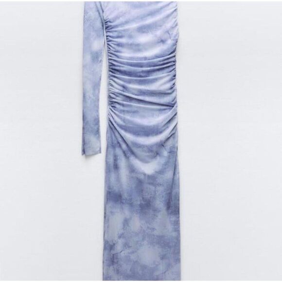 ZARA One Sleeve Asymmetrical Tulle Mesh Lined Midi Dress Blue Size Small - Picture 3 of 8